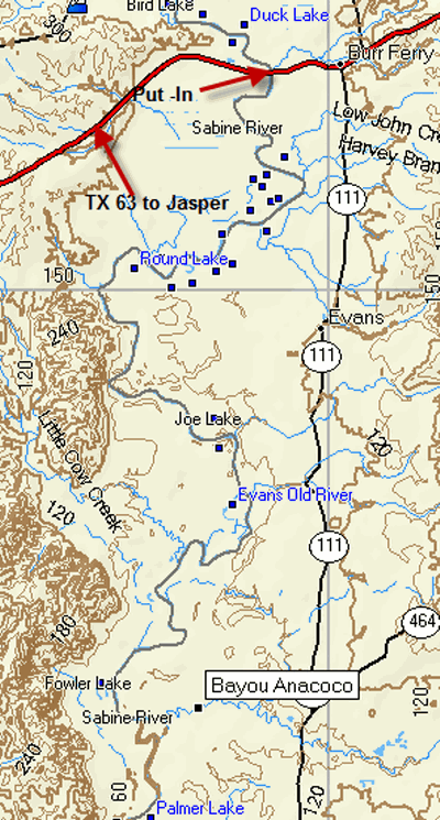Sabine River between Burr Ferry and Bayou Anacoco map